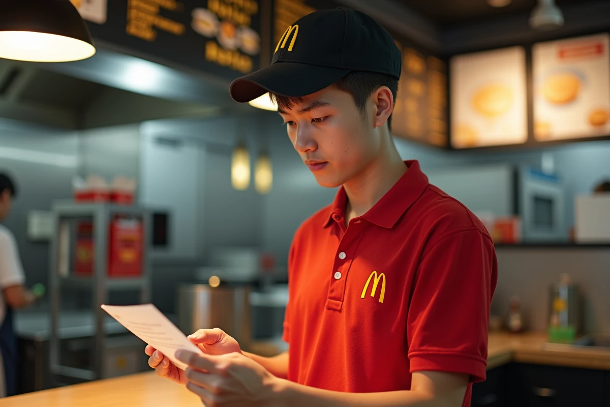 Étudiant en uniforme McDonald's tenant sa fiche de paie derrière le comptoir lors d'un soir de service