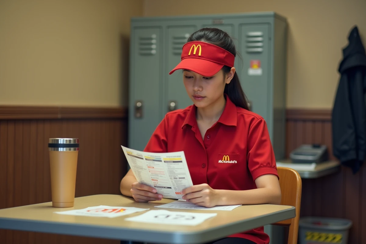 Étudiante McDonald's consultant un planning de travail avec jours fériés et nuits surlignés dans la salle de pause