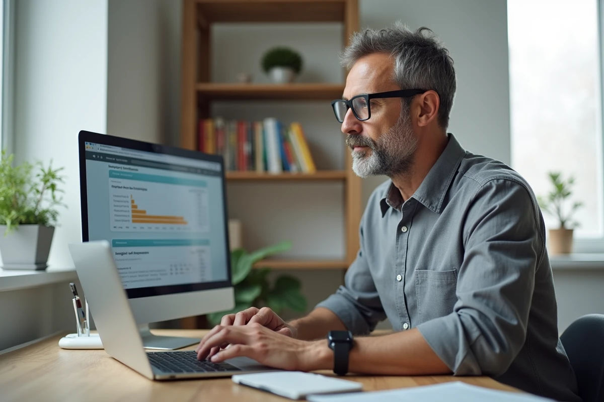 Professionnel du marketing digital évaluant des options de plan média sur ordinateur portable dans un bureau à domicile