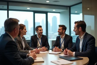 Professionnels en networking lors d'un événement B2B dans une salle de conférence moderne avec vue urbaine