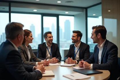 Professionnels en networking lors d'un événement B2B dans une salle de conférence moderne avec vue urbaine