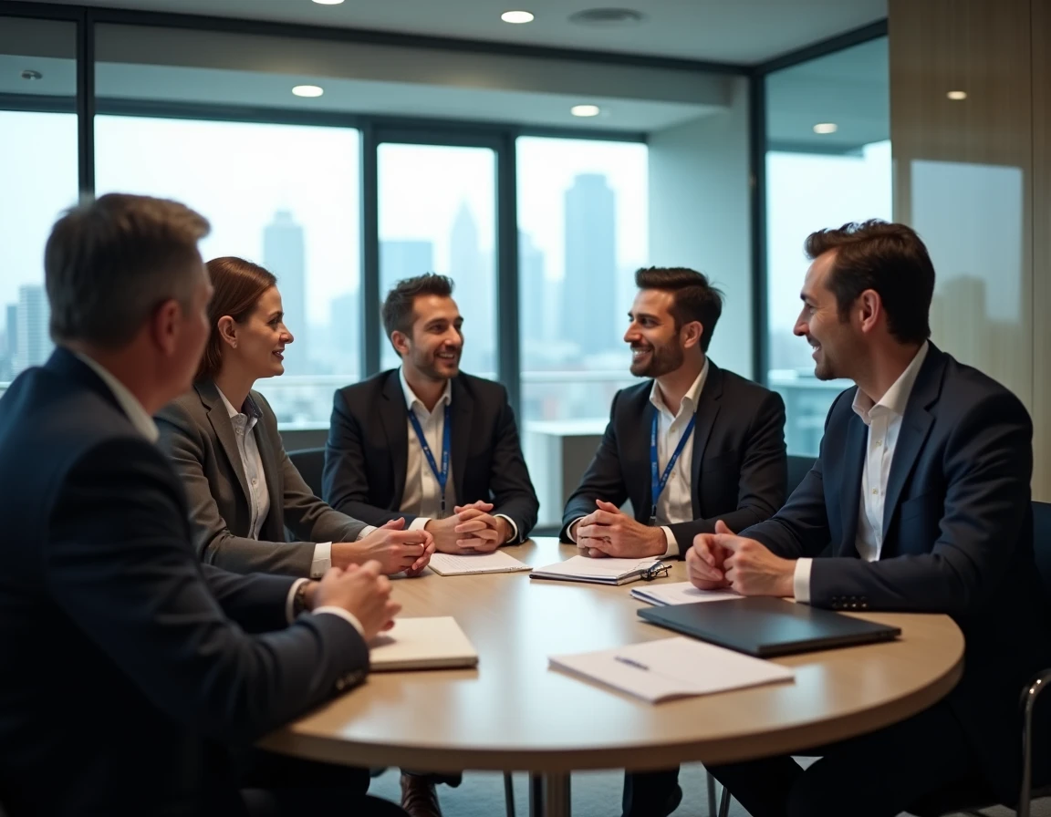 Professionnels en networking lors d'un événement B2B dans une salle de conférence moderne avec vue urbaine
