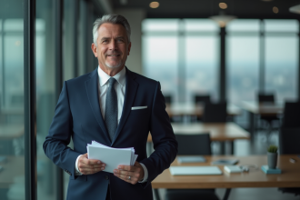 Homme executif en costume navy debout avec rapports