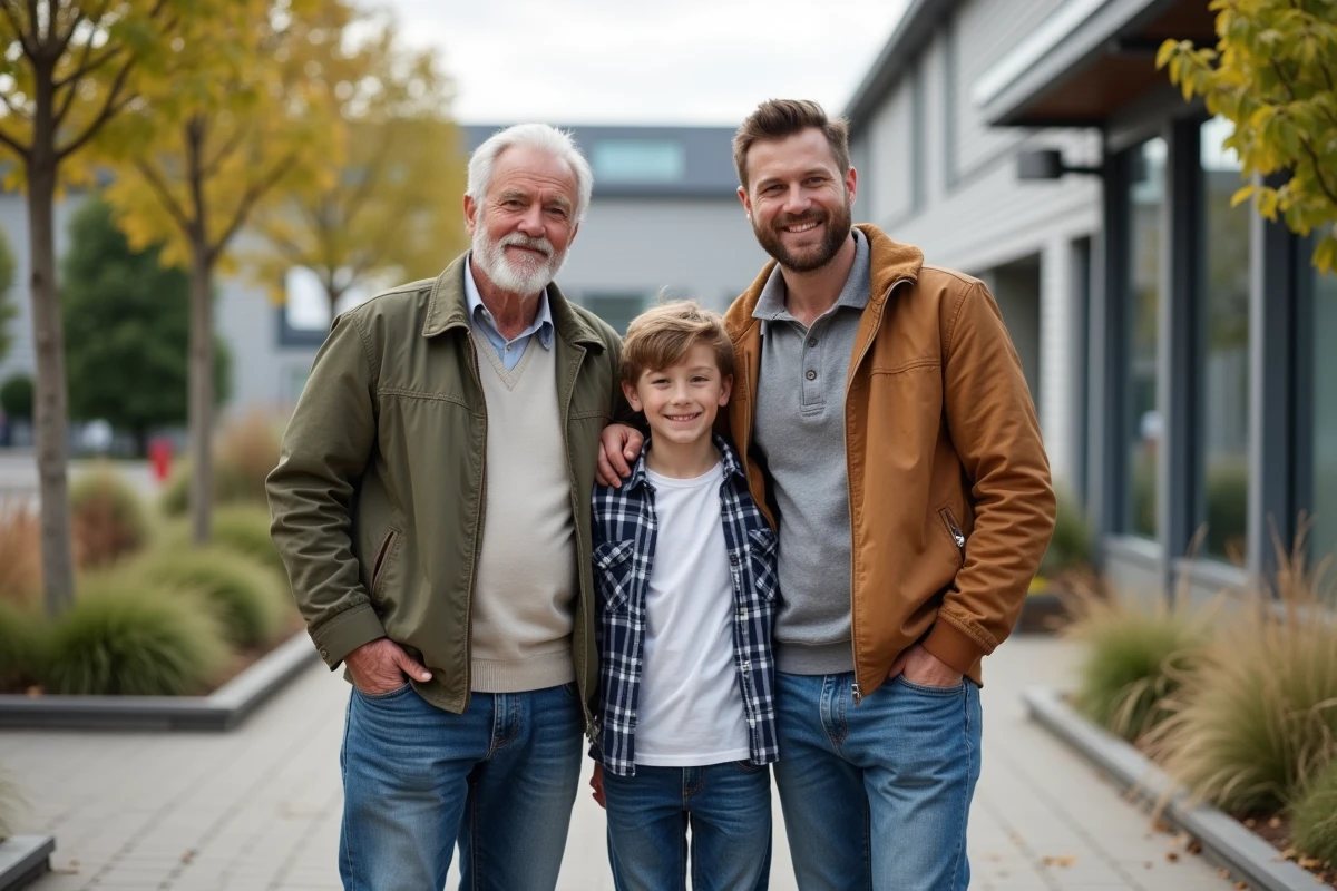 Famille de trois générations devant centre de loisirs