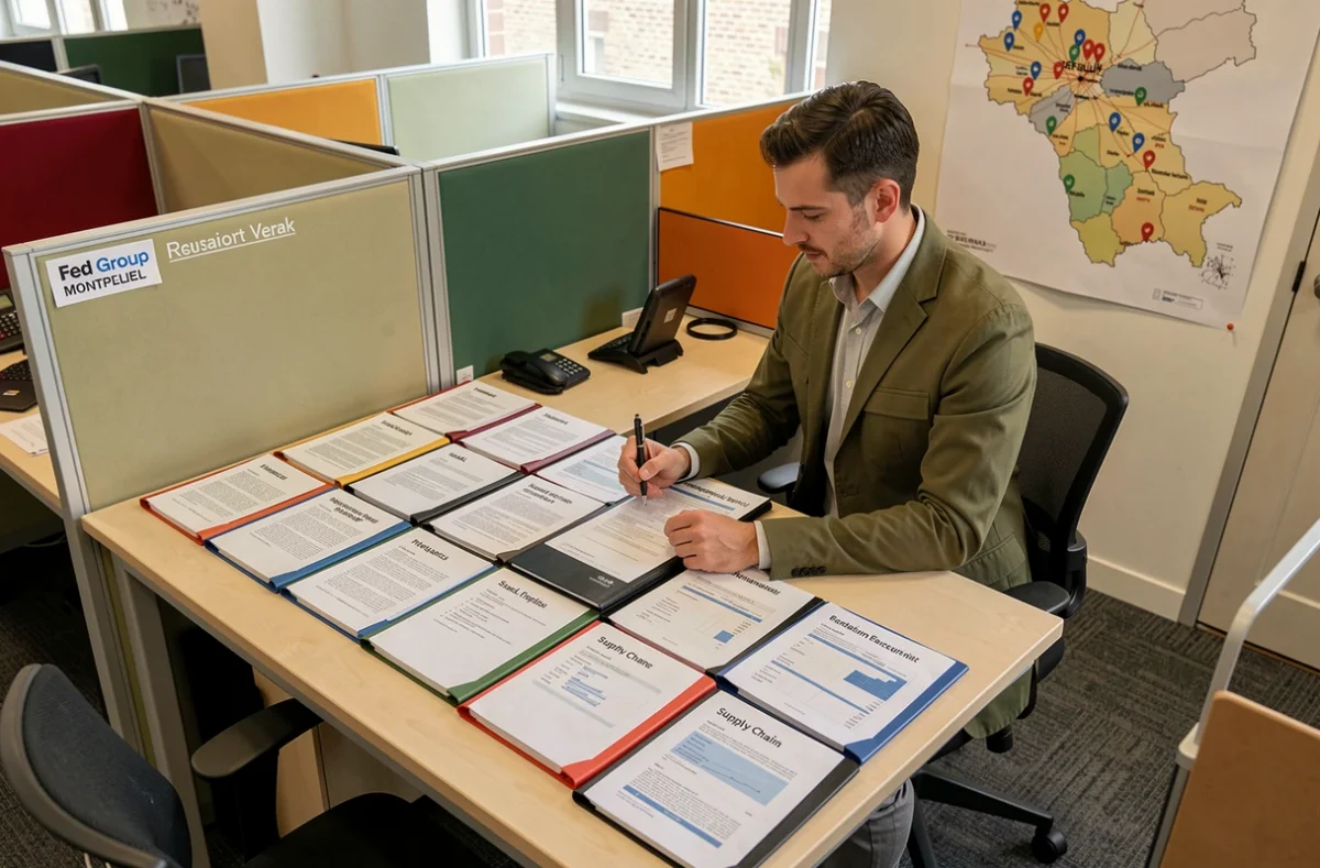 Consultant Fed Group Montpellier examinant des dossiers candidats spécialisés par métier dans un bureau segmenté par secteur d'activité