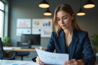 Femme d affaires en costume navy analyse documents
