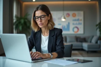 Femme d'affaires analysant des tableaux de bord numériques