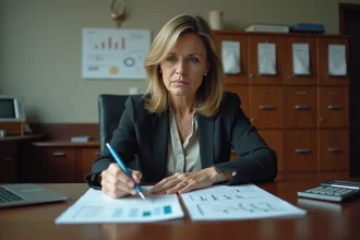 Femme d'affaires examinant des documents financiers au bureau