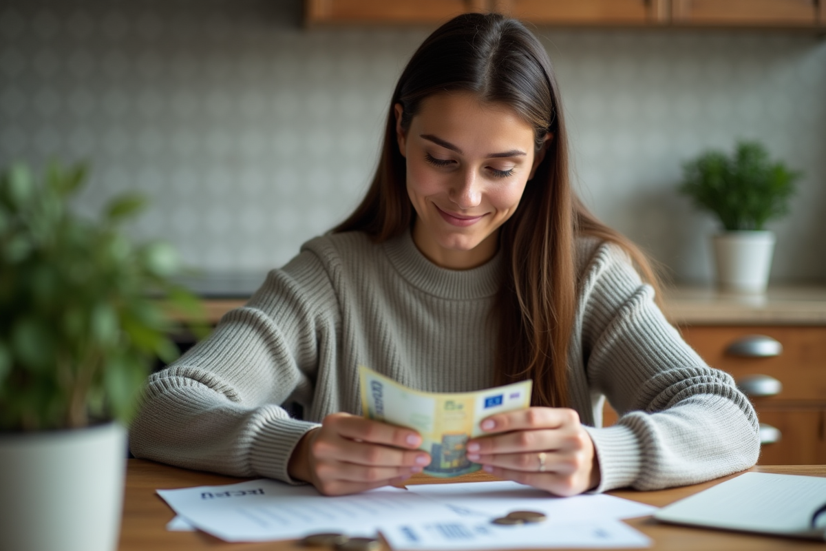Jeune femme comptant des billets dans une cuisine