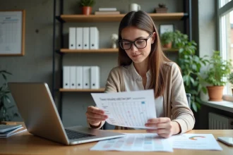 Femme au bureau étudiant un tableau de salaire