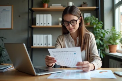 Femme au bureau étudiant un tableau de salaire
