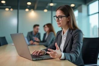 Femme concentrée travaillant sur un ordinateur au bureau
