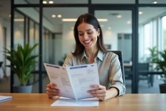 Femme souriante en bureau avec brochure famille