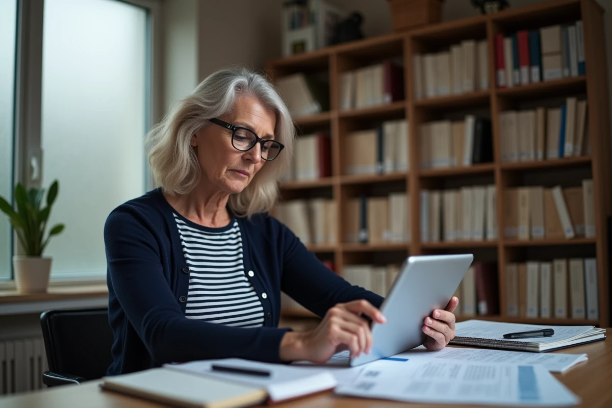 Femme mature consultant le répertoire Sirene sur une tablette dans un bureau à domicile, entourée de documents imprimés pour vérifier l'existence légale d'une société