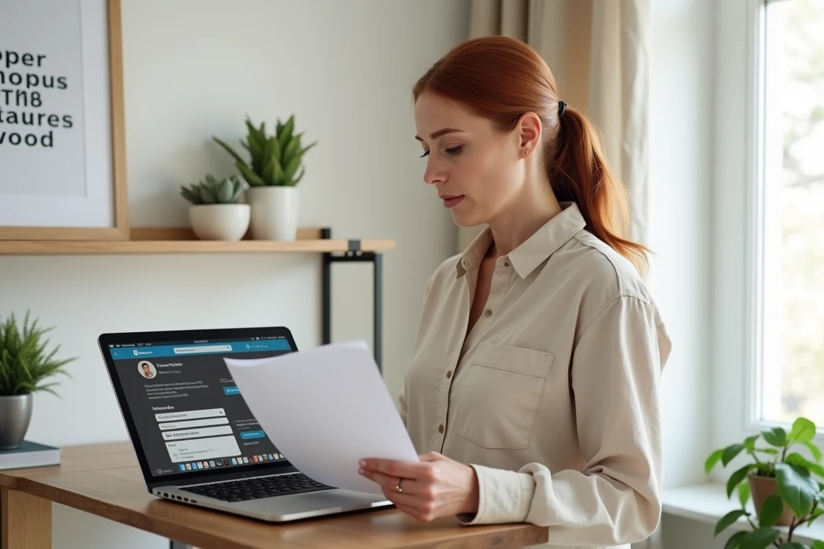 Femme debout à un bureau debout à domicile consultant un profil LinkedIn sur ordinateur portable, travaillant sur sa stratégie de personal branding avec texte mis en gras