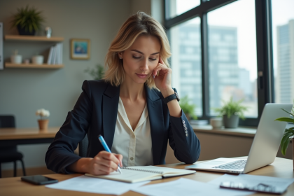 Femme en bureau moderne prenant des notes lors d'une réunion