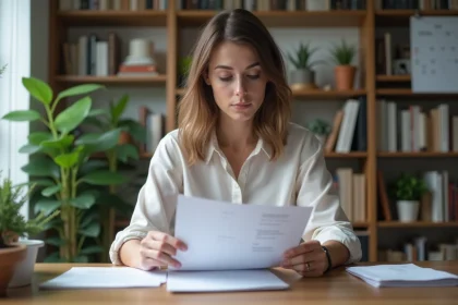 Femme au bureau lisant des papiers dans un espace moderne