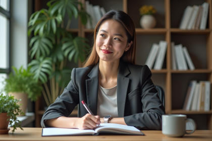Femme en tenue professionnelle dans un bureau moderne