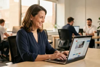 Femme souriante accédant à son compte Advango sur un ordinateur portable dans un bureau moderne
