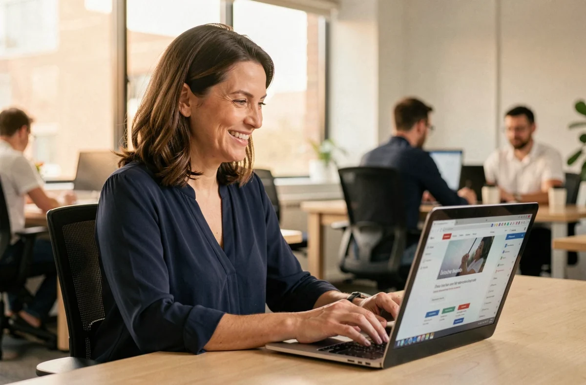 Femme souriante accédant à son compte Advango sur un ordinateur portable dans un bureau moderne