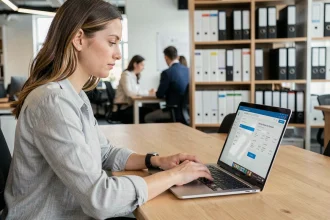 Femme professionnelle consultant ses fiches de paie en ligne sur un portail sécurisé depuis son bureau