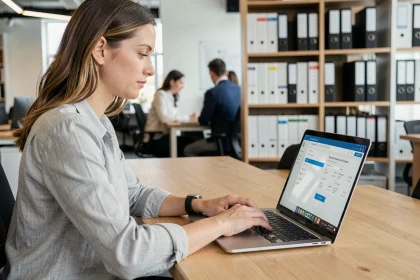 Femme professionnelle consultant ses fiches de paie en ligne sur un portail sécurisé depuis son bureau