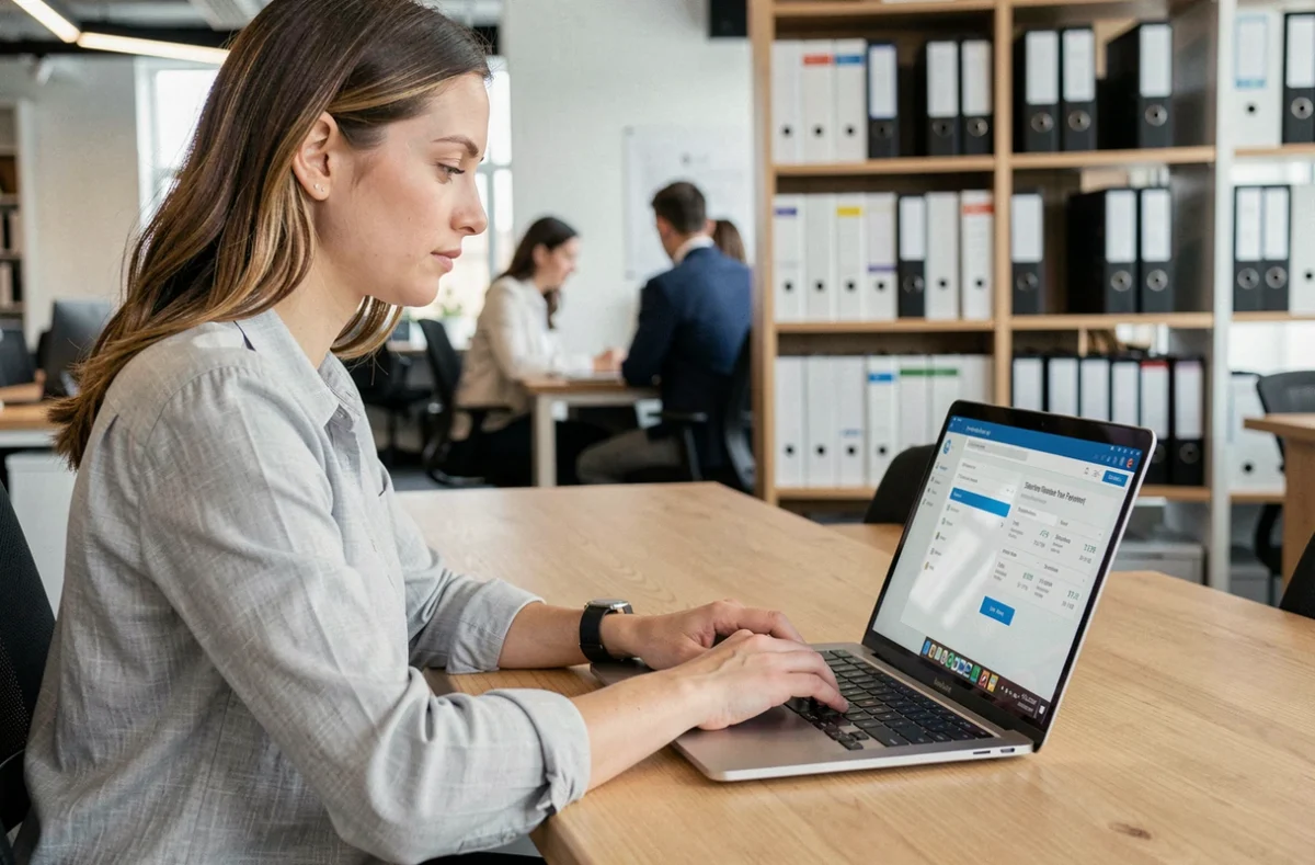 Femme professionnelle consultant ses fiches de paie en ligne sur un portail sécurisé depuis son bureau