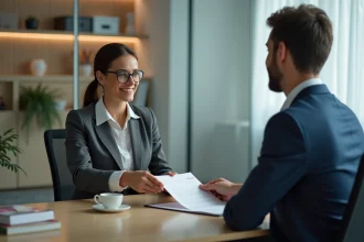 Femme d'affaires signant un document dans un bureau élégant