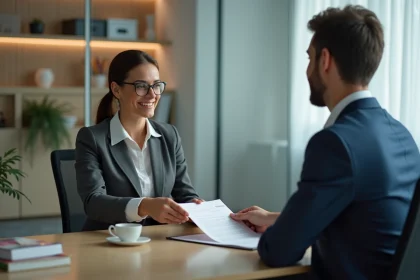 Femme d'affaires signant un document dans un bureau élégant