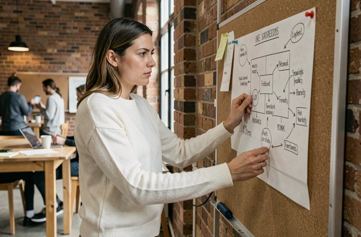 Femme entrepreneur analysant un business model canvas dans un espace de coworking moderne