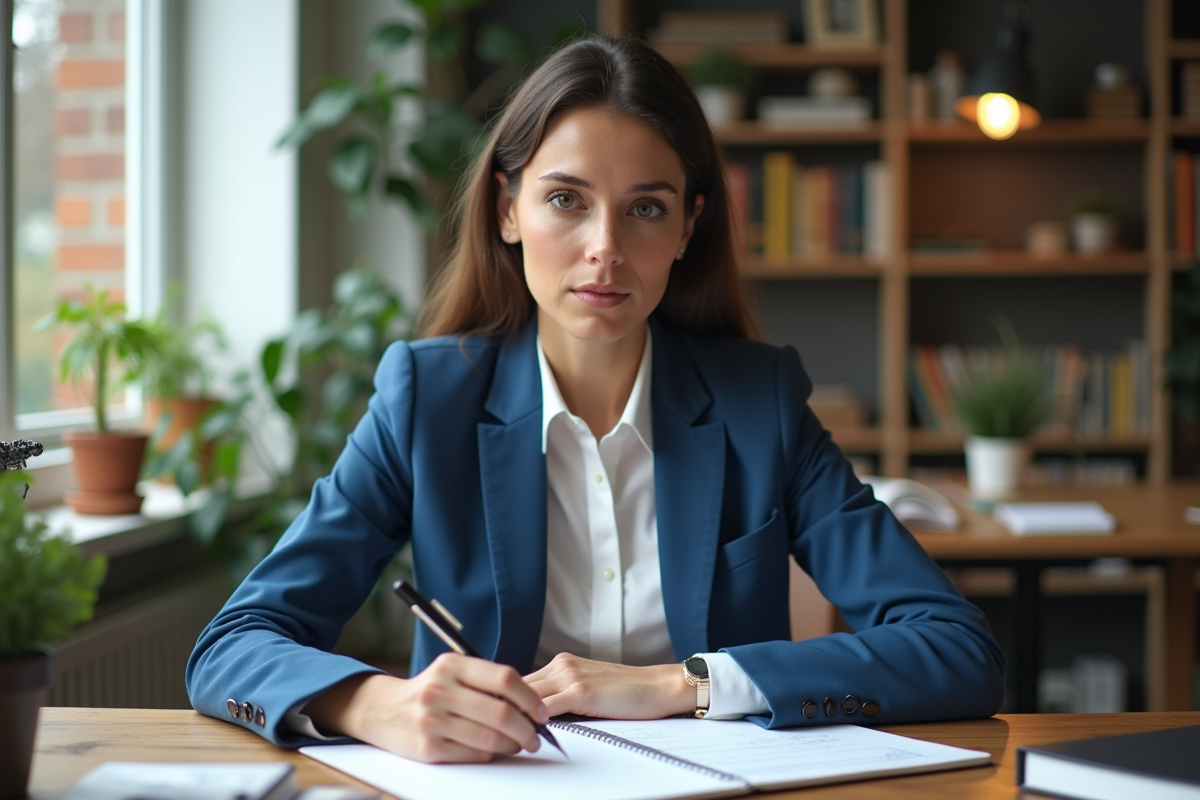 Jeune femme esquissant un planning dans un bureau cosy