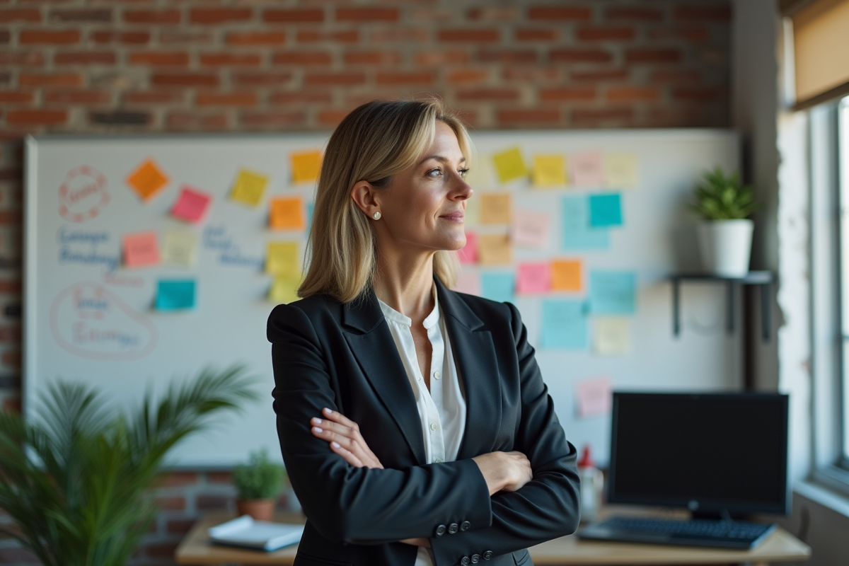 Femme fondatrice en blazer regarde un tableau d