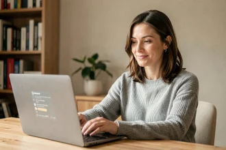 Femme utilisant un live chat en français sur son ordinateur portable dans un bureau à domicile moderne