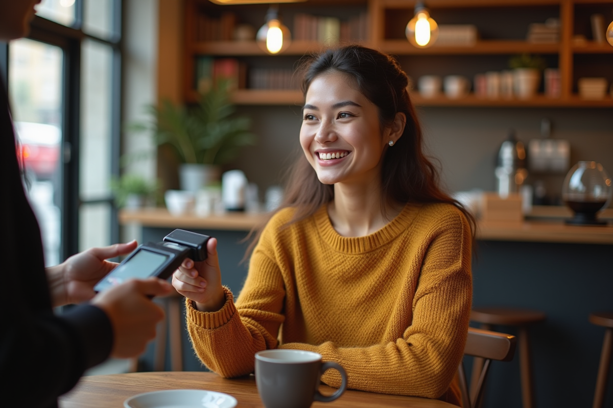 Jeune femme payant au café avec carte sans contact