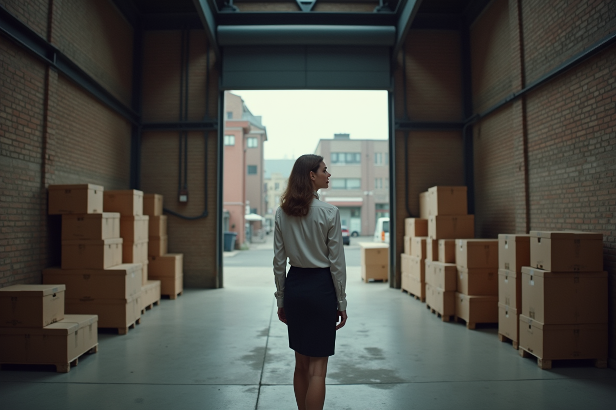 Femme ferme la porte d’un espace industriel vide
