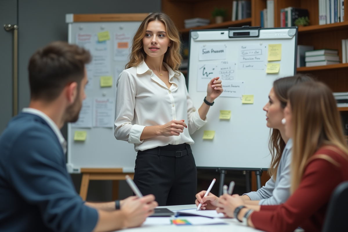 Jeune femme en réunion expliquant devant ses collègues