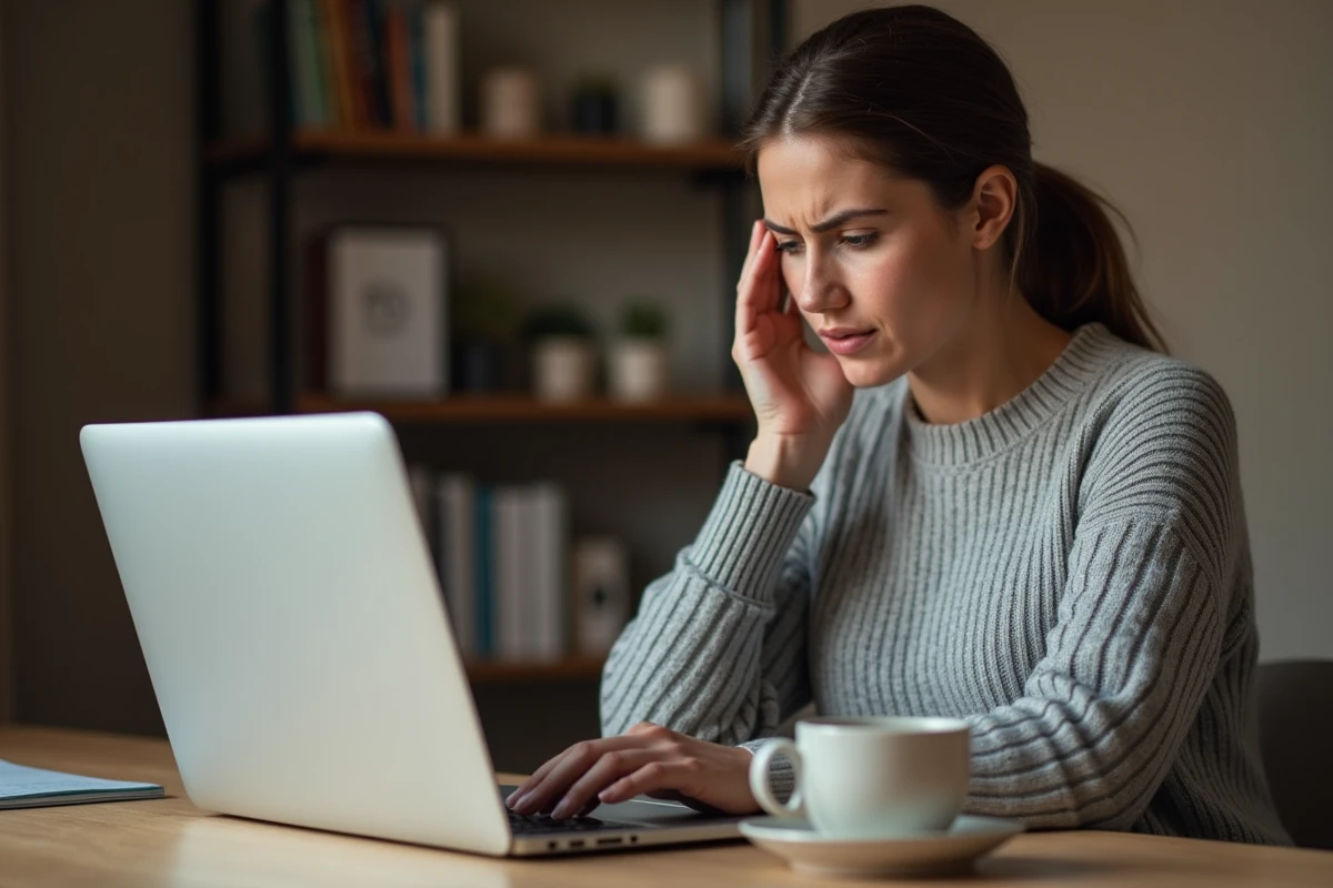 Femme frustrée face à un problème de connexion sur son compte Bimédia depuis un ordinateur portable à domicile