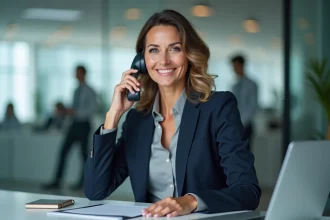 Femme professionnelle en blazer marine passant un appel téléphonique persuasif depuis son bureau en open space