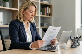 Femme professionnelle en blazer marine relisant une note de service dans un bureau moderne