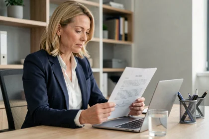 Femme professionnelle en blazer marine relisant une note de service dans un bureau moderne