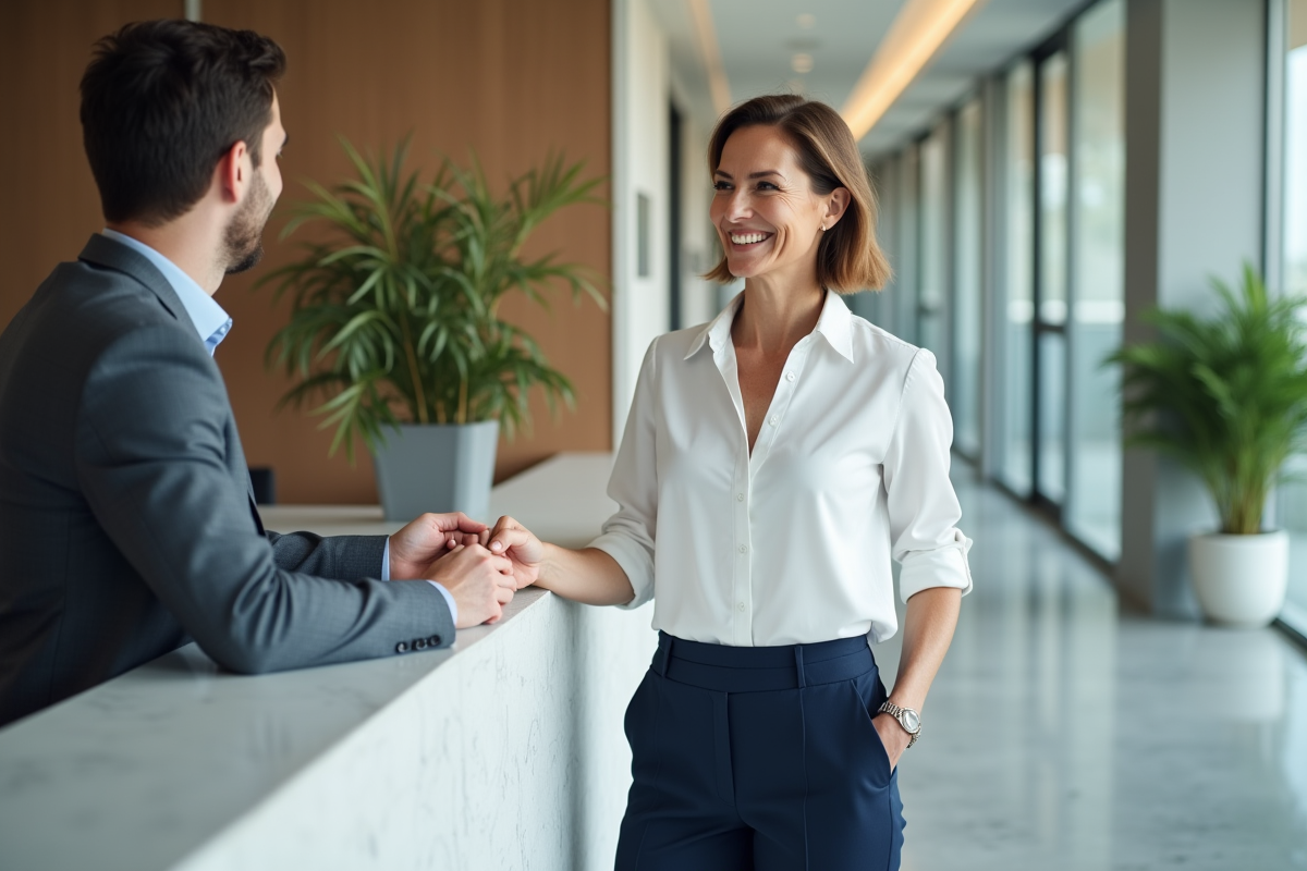 Femme accueillant un client dans un hall d office lumineux