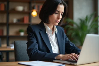 Femme professionnelle tapant sur un ordinateur portable dans un bureau moderne, illustrant la rédaction de contenu LinkedIn pour le personal branding