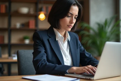 Femme professionnelle tapant sur un ordinateur portable dans un bureau moderne, illustrant la rédaction de contenu LinkedIn pour le personal branding