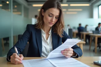 Femme en blazer marine signant un contrat de travail 39h dans un bureau moderne