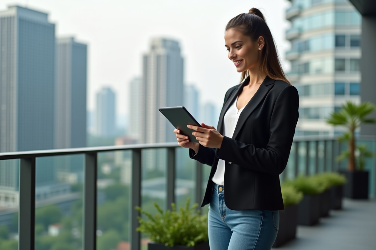 Jeune femme avec tablette de graphiques financiers en extérieur