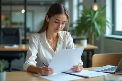 Femme en bureau moderne remplissant un formulaire de congé