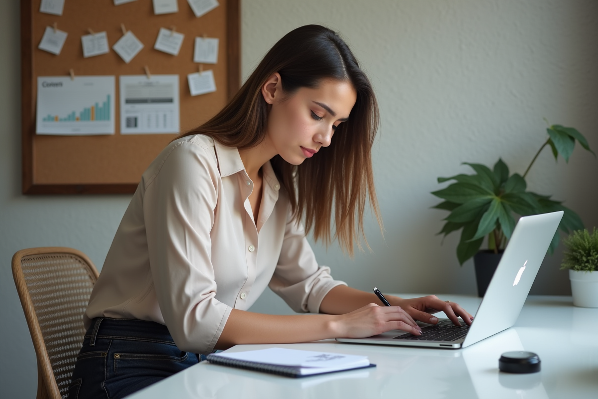 Jeune femme concentrée travaillant sur son ordinateur dans un bureau