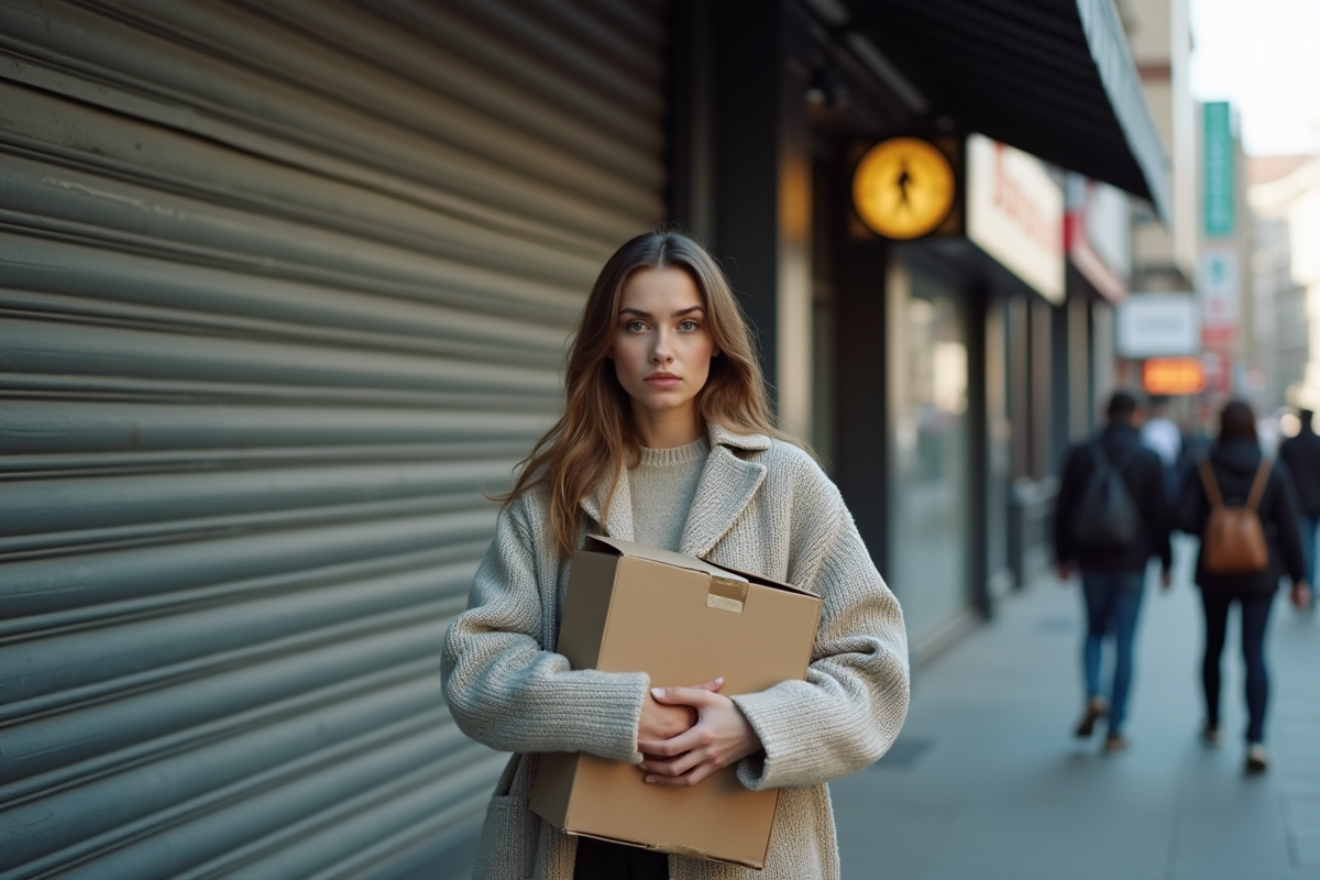 Jeune femme avec boîte devant un commerce fermé