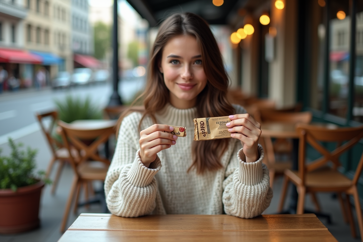 Jeune femme regardant un paquet dans un café en extérieur