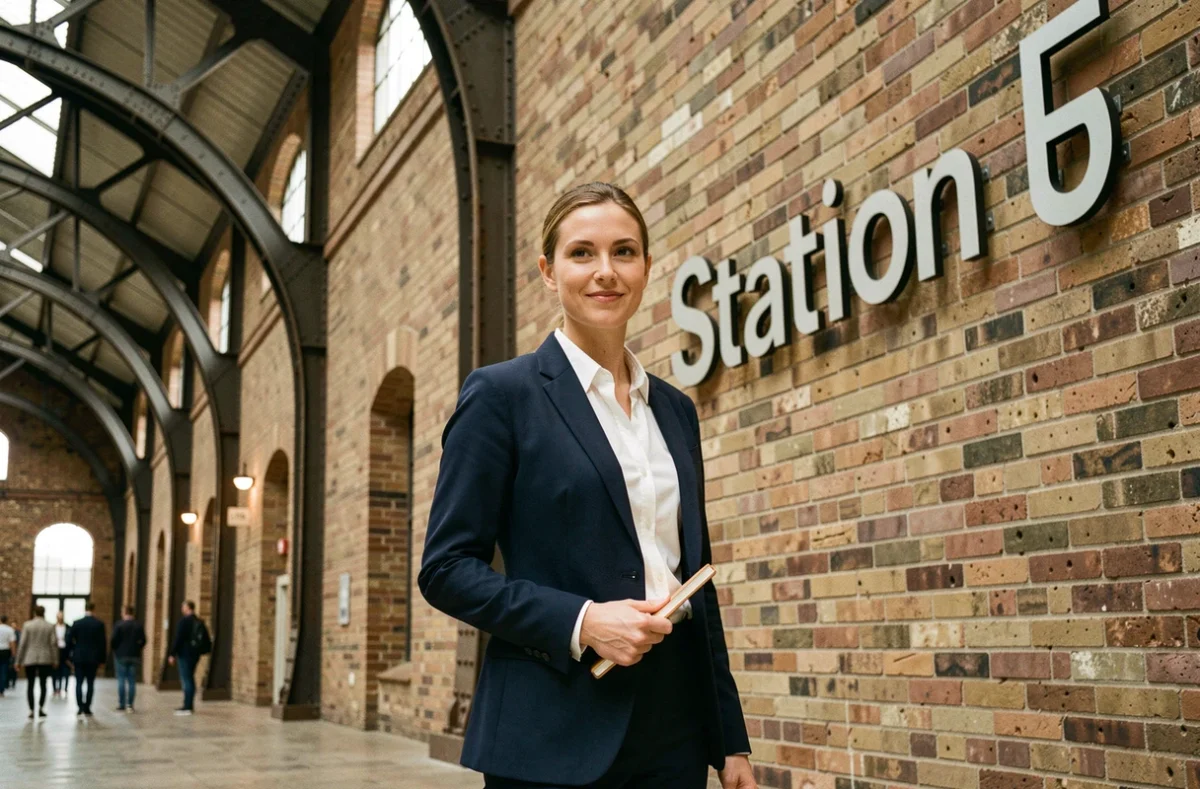 Femme entrepreneur devant le logo de Station F dans la Halle Freyssinet à Paris